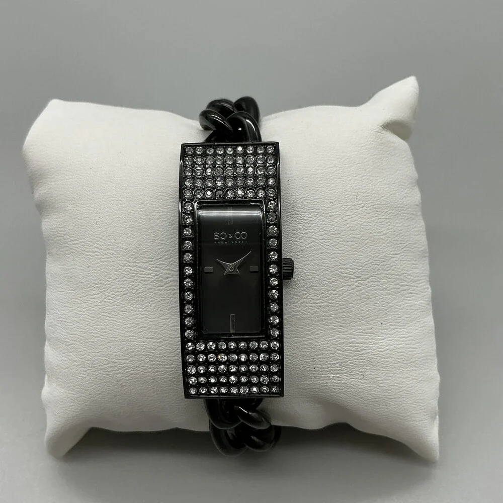 SO&CO Womens Watch 18mm Black Dial Crystal Bezel Chain Bracelet New Battery 7.5